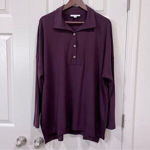 J Jill Pure Jill Fleece Tunic Top Size XL Burgundy Long Sleeve 3/4 Button